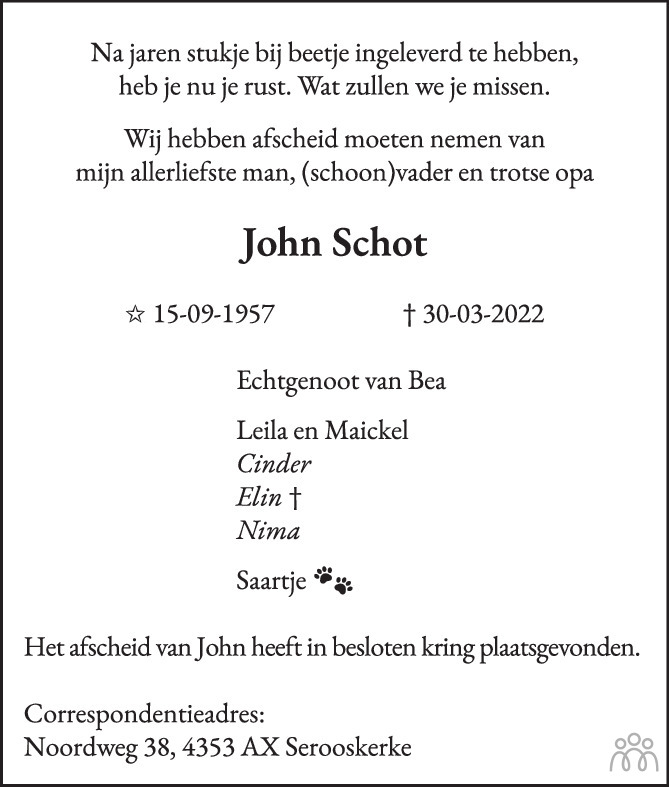 John Schot 30032022 overlijdensbericht en condoleances Mensenlinq.nl