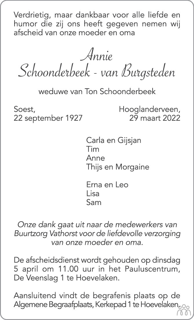 Overlijdensbericht van Annie Schoonderbeek-van Burgsteden in AD Algemeen Dagblad