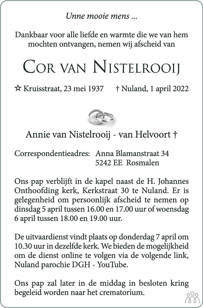 Overlijdensbericht van Cor van Nistelrooij in Brabants Dagblad