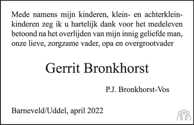 Overlijdensbericht van Gerrit Bronkhorst in Hervormde Kerkbode