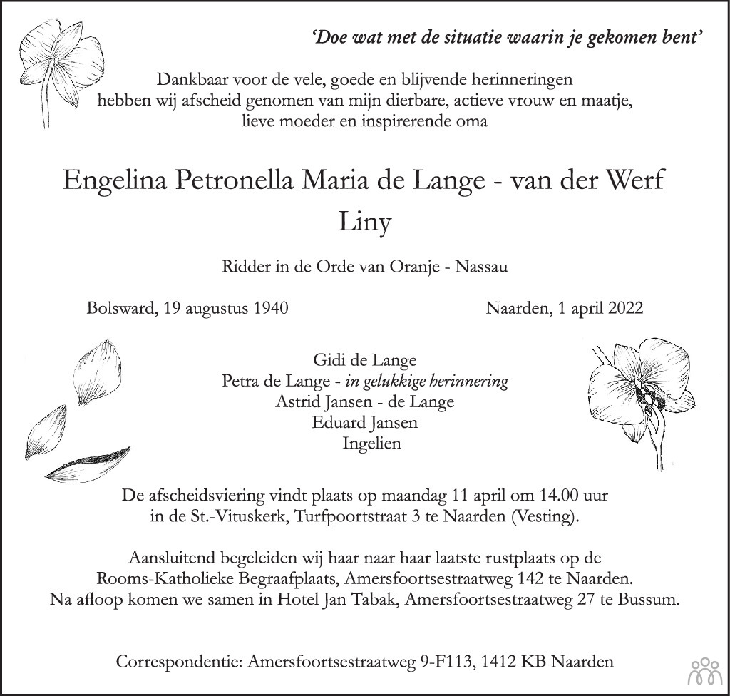 Overlijdensbericht van Engelina Petronella Maria (Liny) de Lange van der Werf in de Stentor