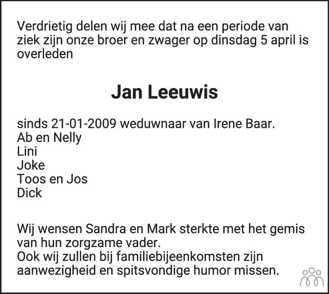 Overlijdensbericht van Hendrik Jan (Jan) Leeuwis in de Gelderlander