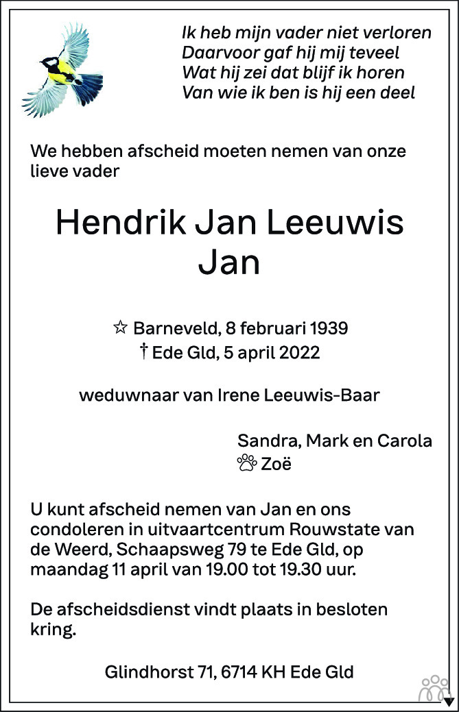 Overlijdensbericht van Hendrik Jan (Jan) Leeuwis in de Gelderlander
