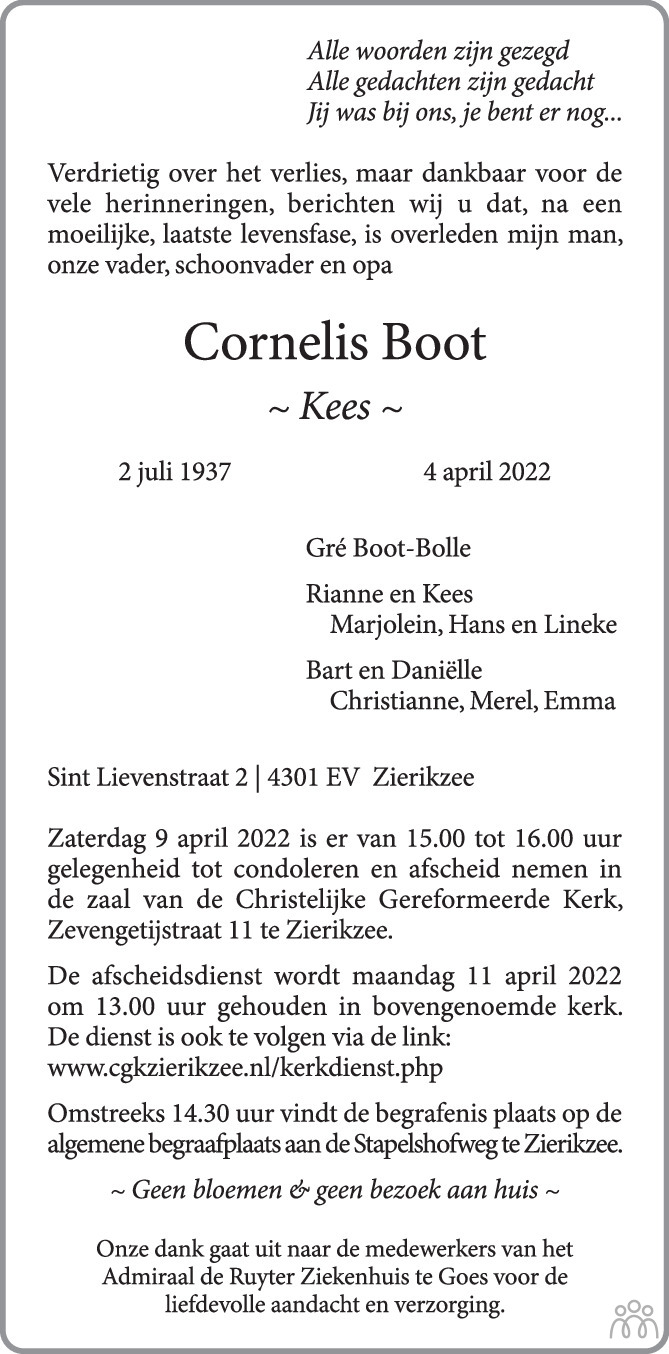 Overlijdensbericht van Cornelis (Kees) Boot in PZC Provinciale Zeeuwse Courant