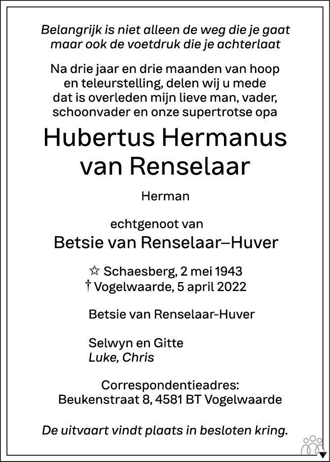 Overlijdensbericht van Hubertus Hermanus (Herman) van Renselaar in PZC Provinciale Zeeuwse Courant