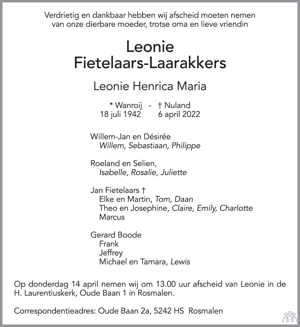 Overlijdensbericht van Leonie Henrica Maria  Fietelaars-Laarakkers in Brabants Dagblad