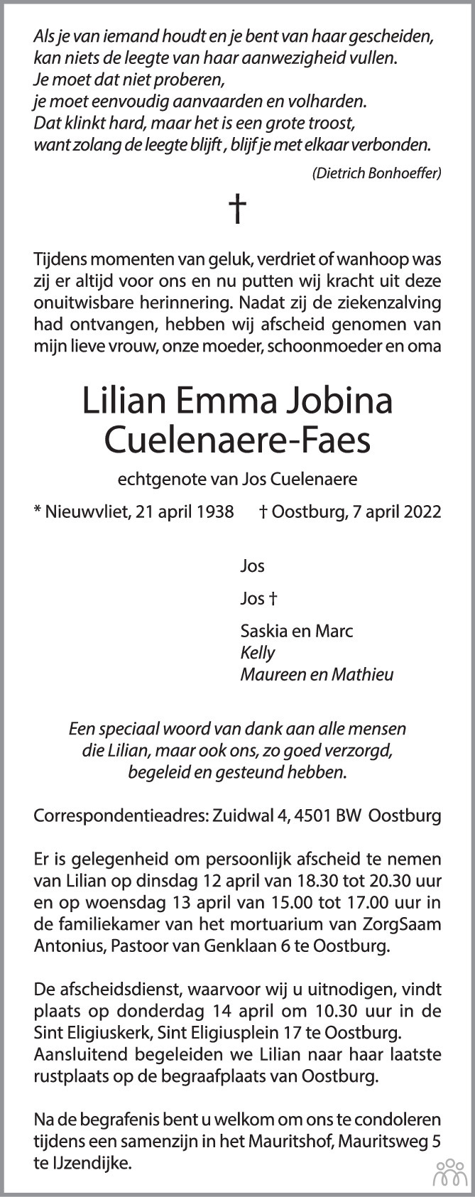 Overlijdensbericht van Lilian Emma Jobina Cuelenaere-Faes in PZC Provinciale Zeeuwse Courant