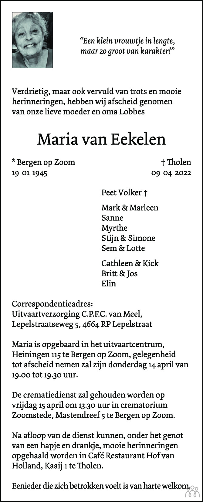 Overlijdensbericht van Maria van Eekelen in BN DeStem