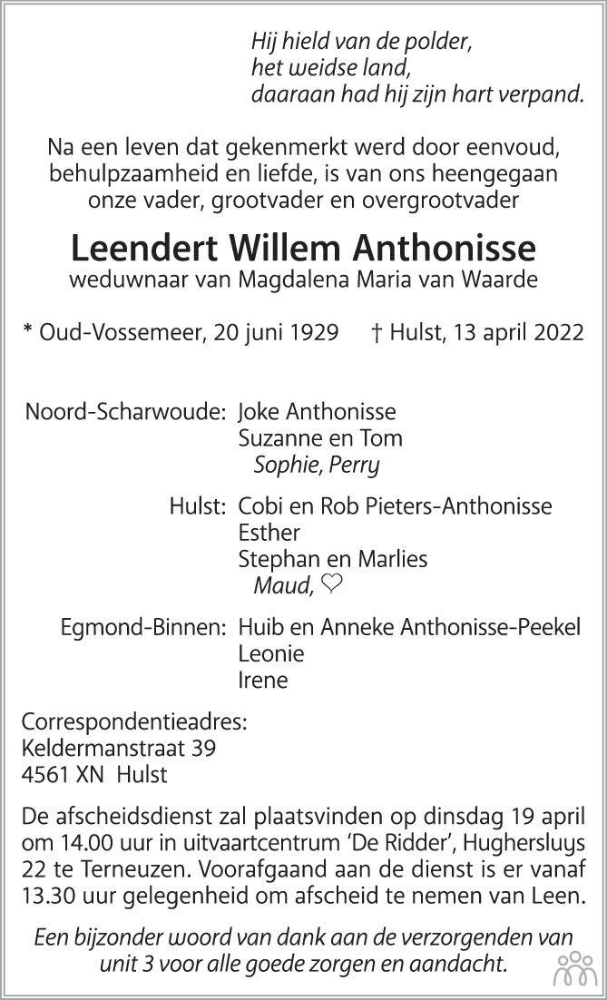 Overlijdensbericht van Leendert Willem Anthonisse in PZC Provinciale Zeeuwse Courant