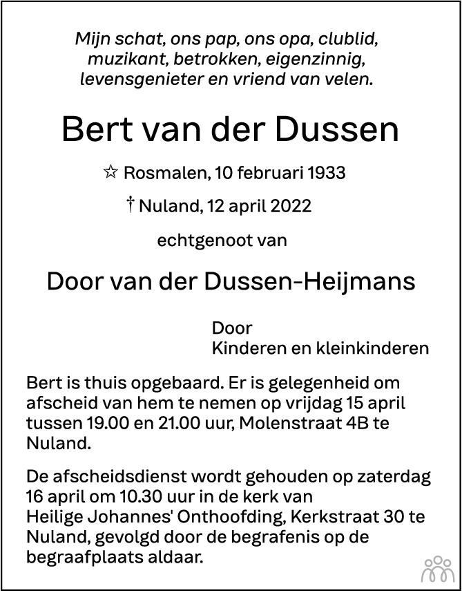 Overlijdensbericht van Bert van der Dussen in Brabants Dagblad