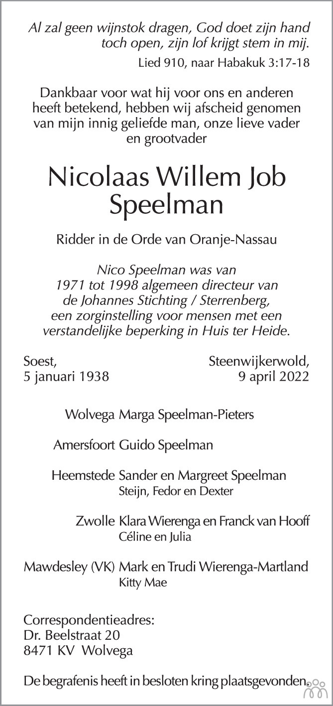 Overlijdensbericht van Nicolaas Willem Job Speelman in Trouw