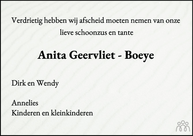 Overlijdensbericht van Anita Geervliet-Boeye in PZC Provinciale Zeeuwse Courant