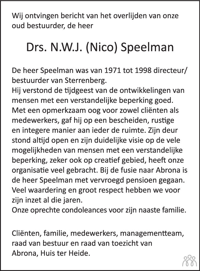 Overlijdensbericht van Nicolaas Willem Job Speelman in de Volkskrant