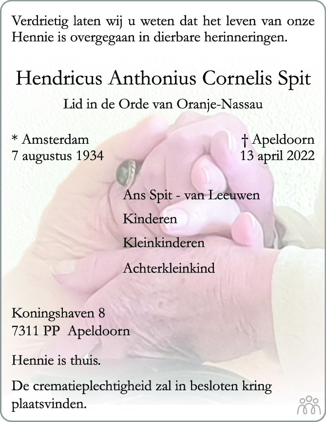 Overlijdensbericht van Hendricus Anthonius Cornelis Spit in de Stentor