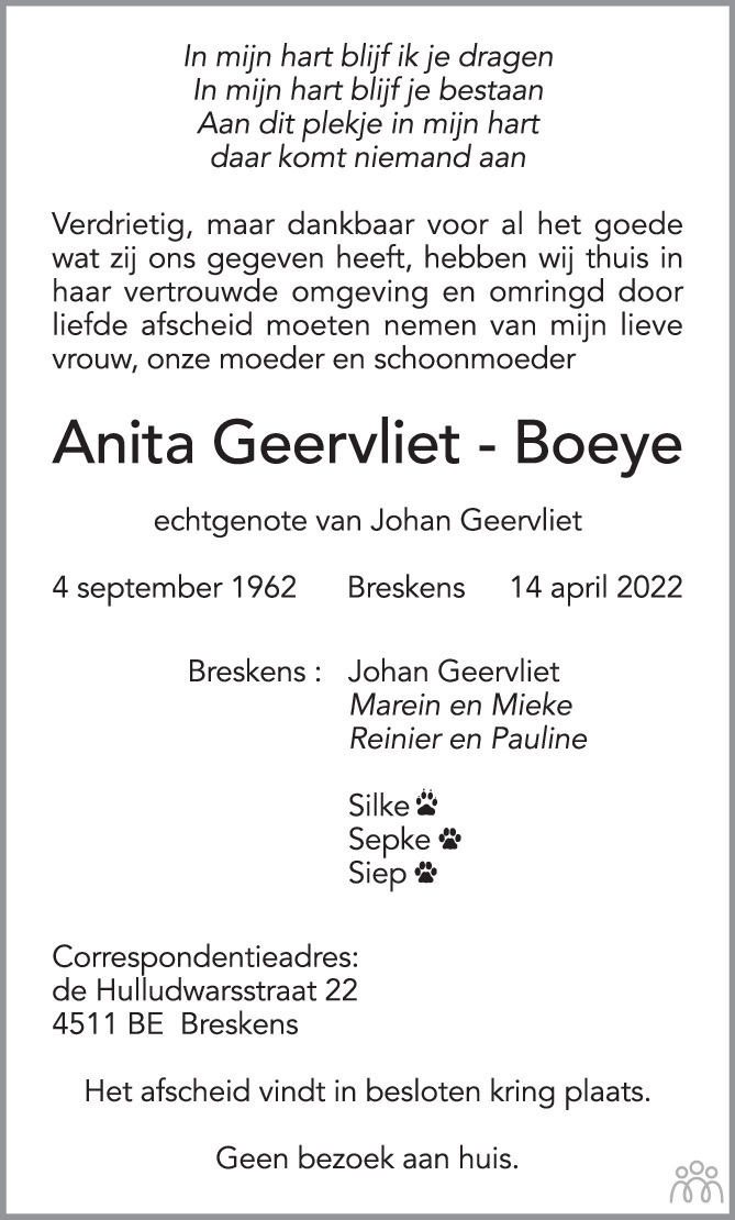 Overlijdensbericht van Anita Geervliet-Boeye in PZC Provinciale Zeeuwse Courant
