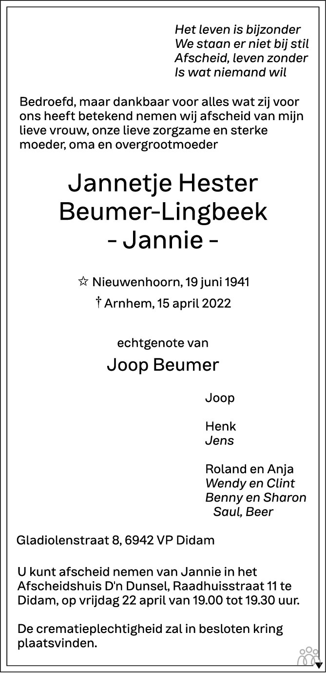 Overlijdensbericht van Jannetje Hester (Jannie) Beumer-Lingbeek in de Gelderlander