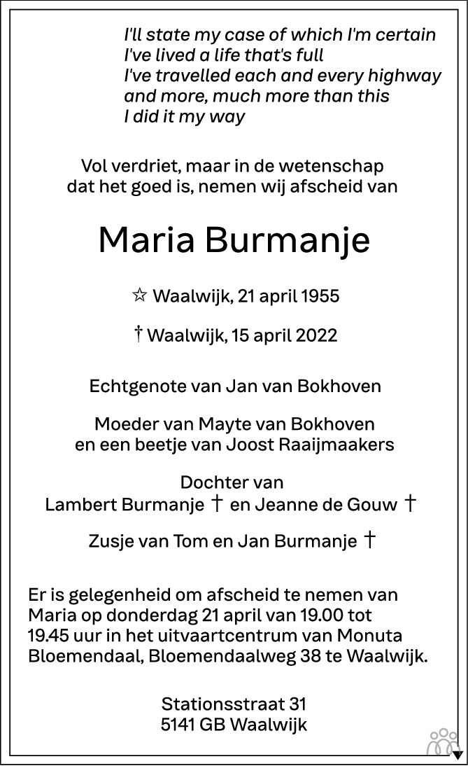 Overlijdensbericht van Maria van Bokhoven-Burmanje in Brabants Dagblad