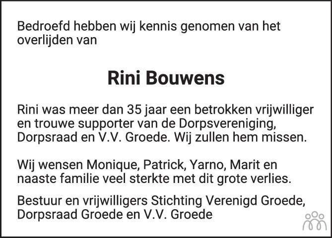 Overlijdensbericht van Rini (Marinus Willem) Bouwens in PZC Provinciale Zeeuwse Courant