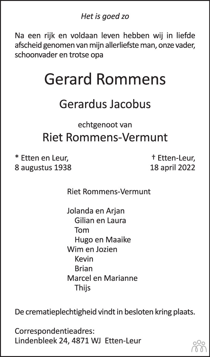 Overlijdensbericht van Gerard (Gerardus Jacobus) Rommens in BN DeStem