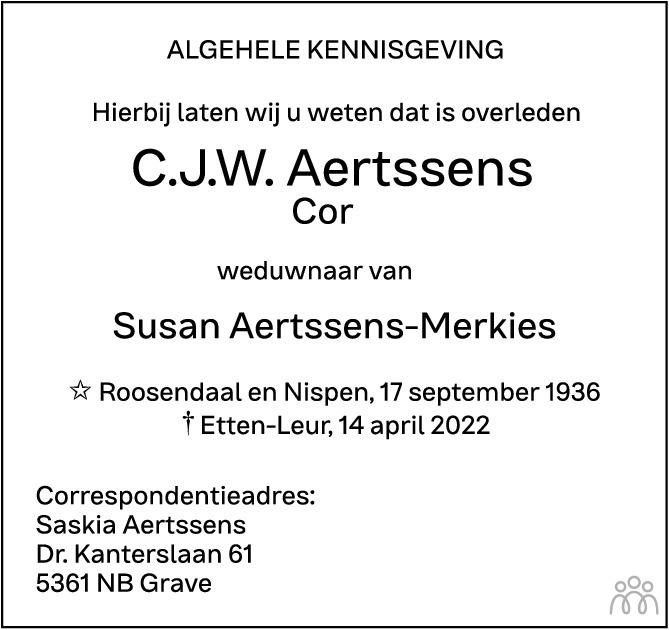 Overlijdensbericht van Cor C.J.W. Aertssens in BN DeStem