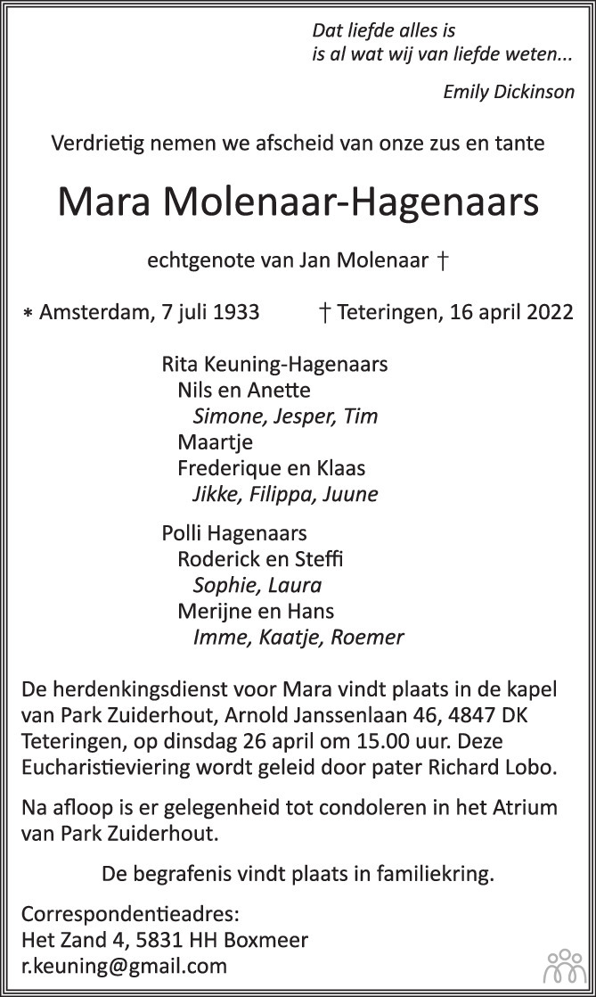 Overlijdensbericht van Mara Molenaar-Hagenaars in BN DeStem