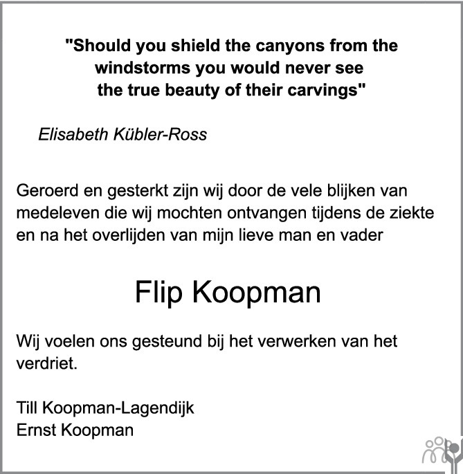 Overlijdensbericht van Flip (Fredrik Ernst) Koopman in PZC Provinciale Zeeuwse Courant