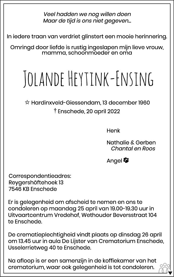 Overlijdensbericht van Jolande Heytink-Ensing in Tubantia