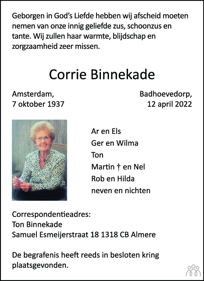 Overlijdensbericht van Corrie Binnekade in Trouw
