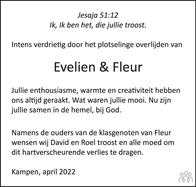 Overlijdensbericht van Evelien en Fleur de Ruiter in de Stentor