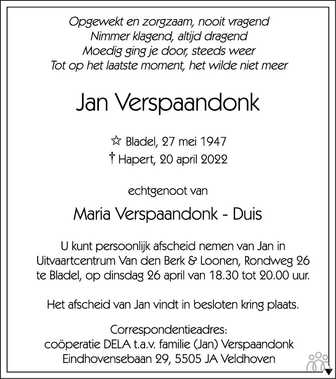 Overlijdensbericht van Jan Verspaandonk in Eindhovens Dagblad