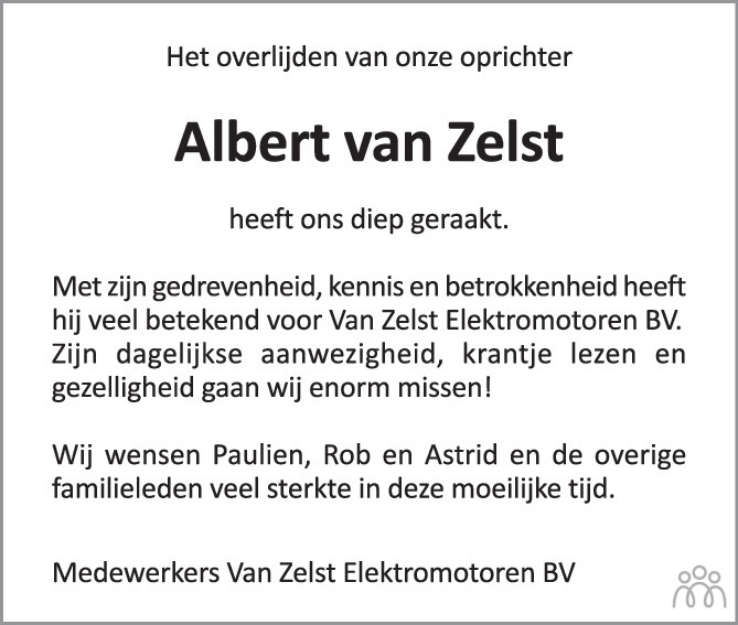 Overlijdensbericht van Albert van Zelst in Brabants Dagblad