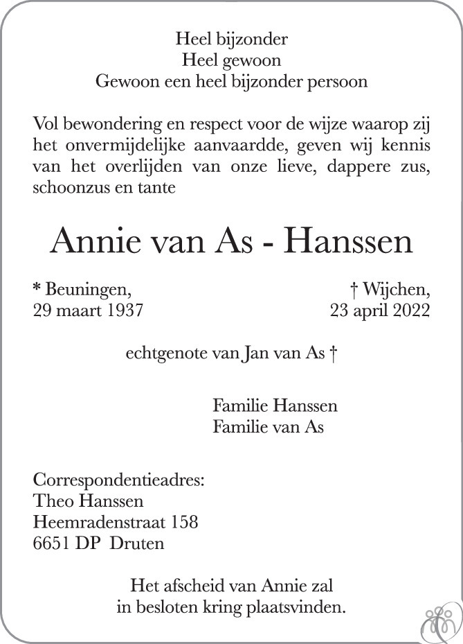 Overlijdensbericht van Annie van As-Hanssen in de Gelderlander