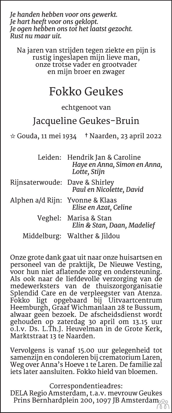 Overlijdensbericht van Fokko Geukes in AD Algemeen Dagblad
