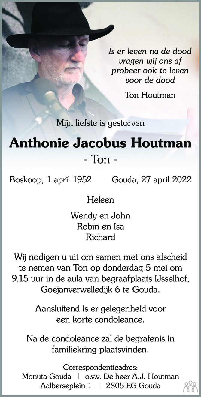 Overlijdensbericht van Ton (Anthonie Jacobus) Houtman in AD Algemeen Dagblad