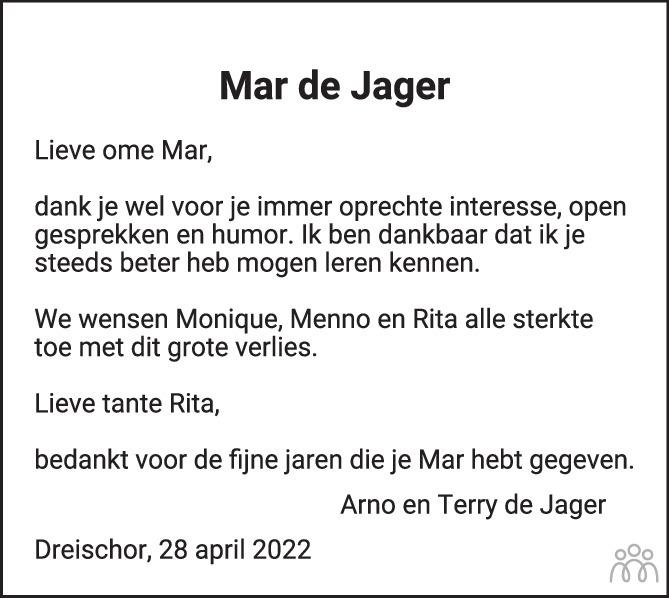 Mar de Jager 28042022 overlijdensbericht en condoleances Mensenlinq.nl