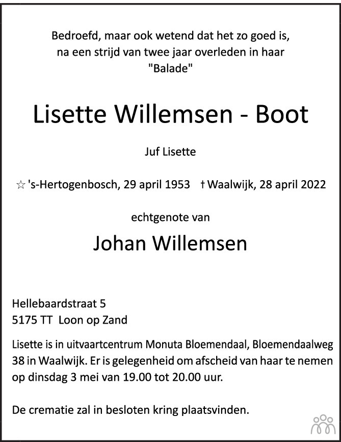 Overlijdensbericht van Lisette Willemsen-Boot in Brabants Dagblad