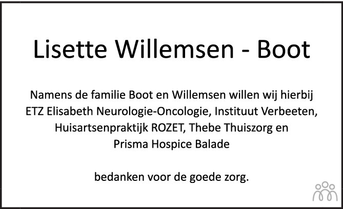 Overlijdensbericht van Lisette Willemsen-Boot in Brabants Dagblad