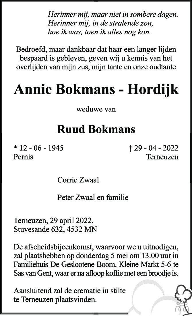 Overlijdensbericht van Annie Bokmans-Hordijk in PZC Provinciale Zeeuwse Courant