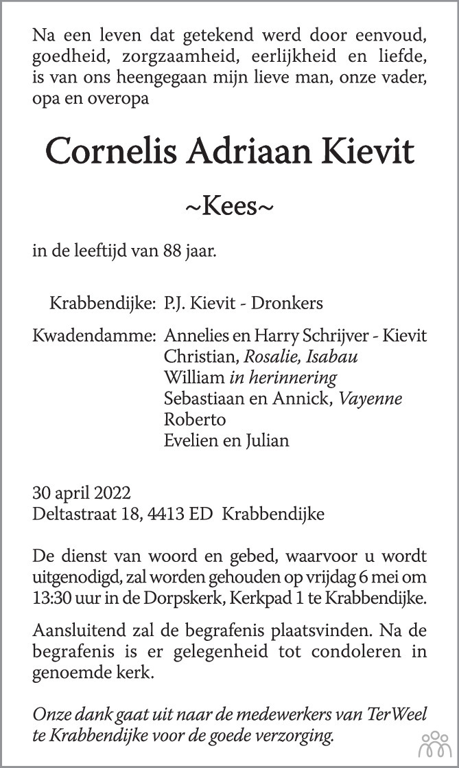 Cornelis Adriaan (Kees) Kievit 30042022 overlijdensbericht en