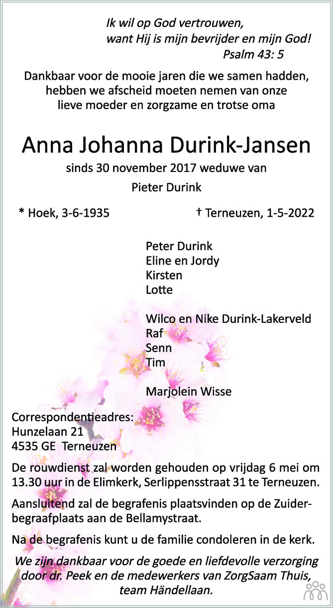 Overlijdensbericht van Anna Johanna Durink-Jansen in PZC Provinciale Zeeuwse Courant