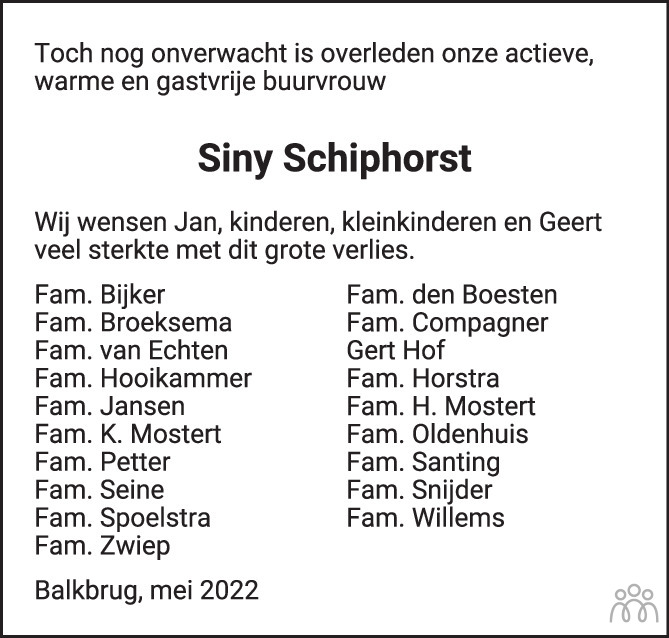 Overlijdensbericht van Janna Gezina (Siny) Schiphorst-Lammertsen in de Stentor