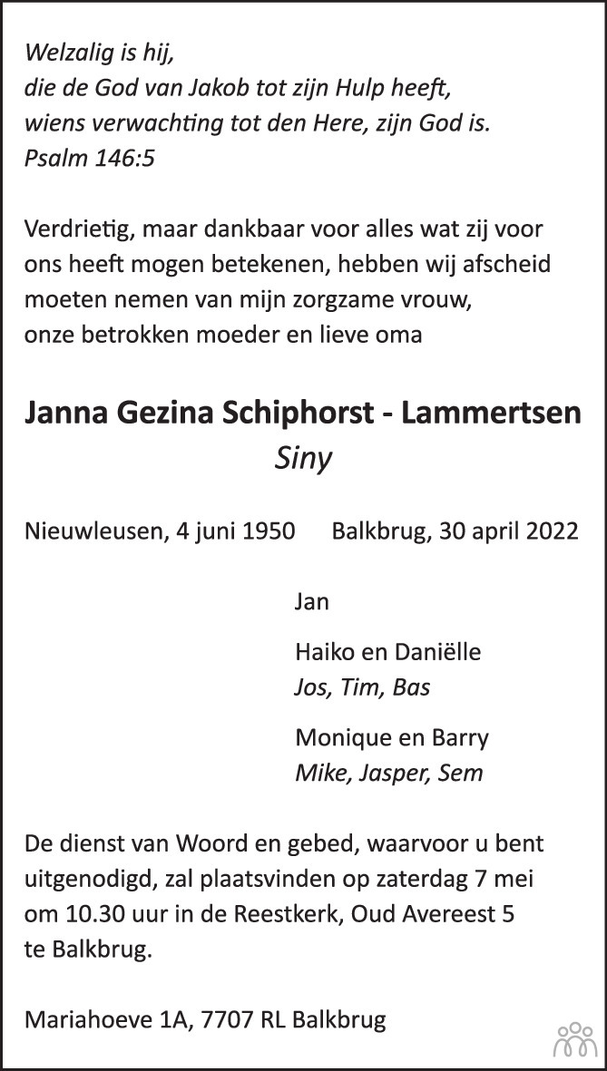 Overlijdensbericht van Janna Gezina (Siny) Schiphorst-Lammertsen in de Stentor