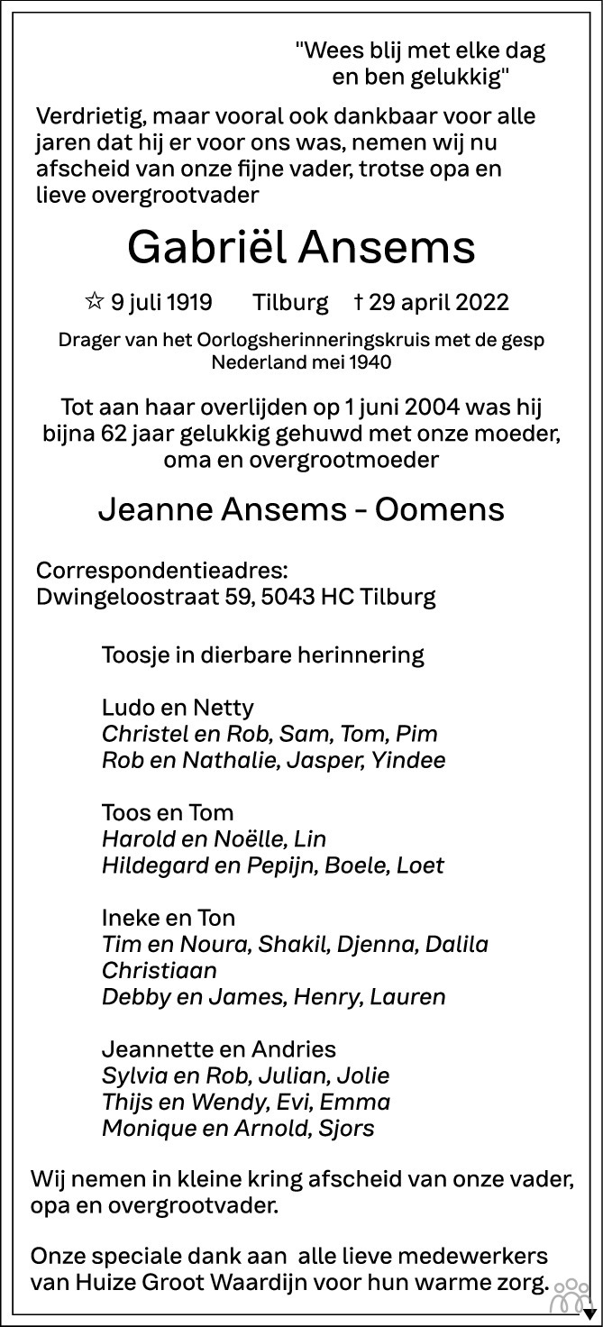 Overlijdensbericht van Gabriel  Ansems in Brabants Dagblad