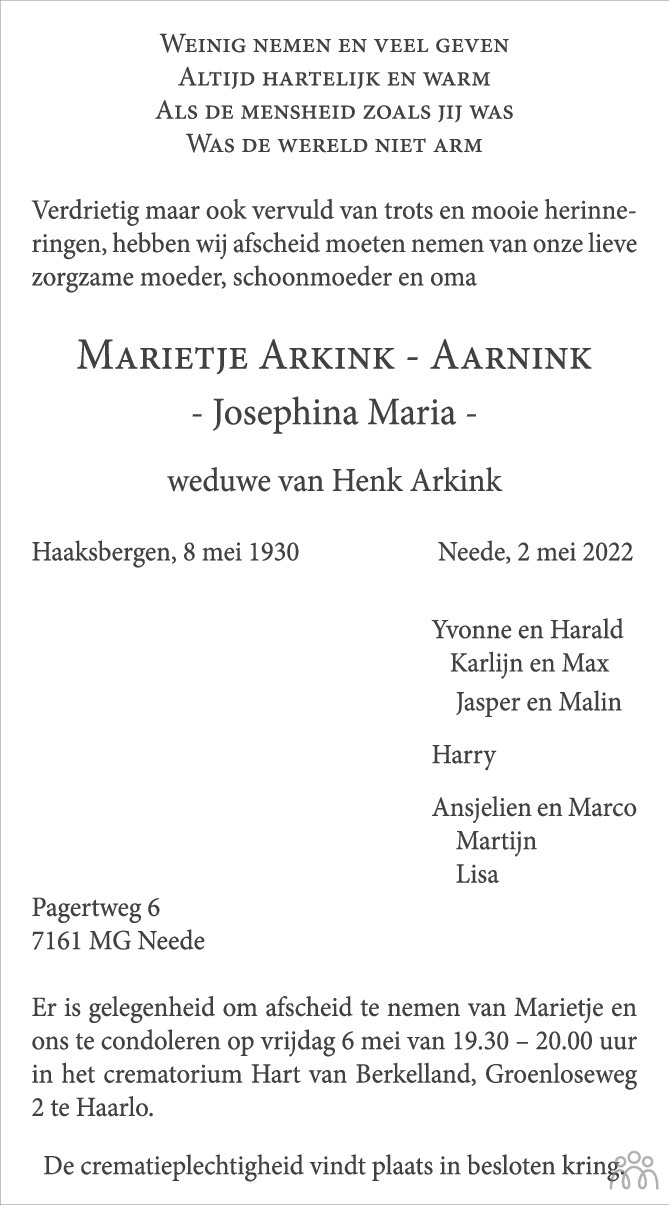 Overlijdensbericht van Marietje (Josephina Maria) Arkink-Aarnink in Tubantia