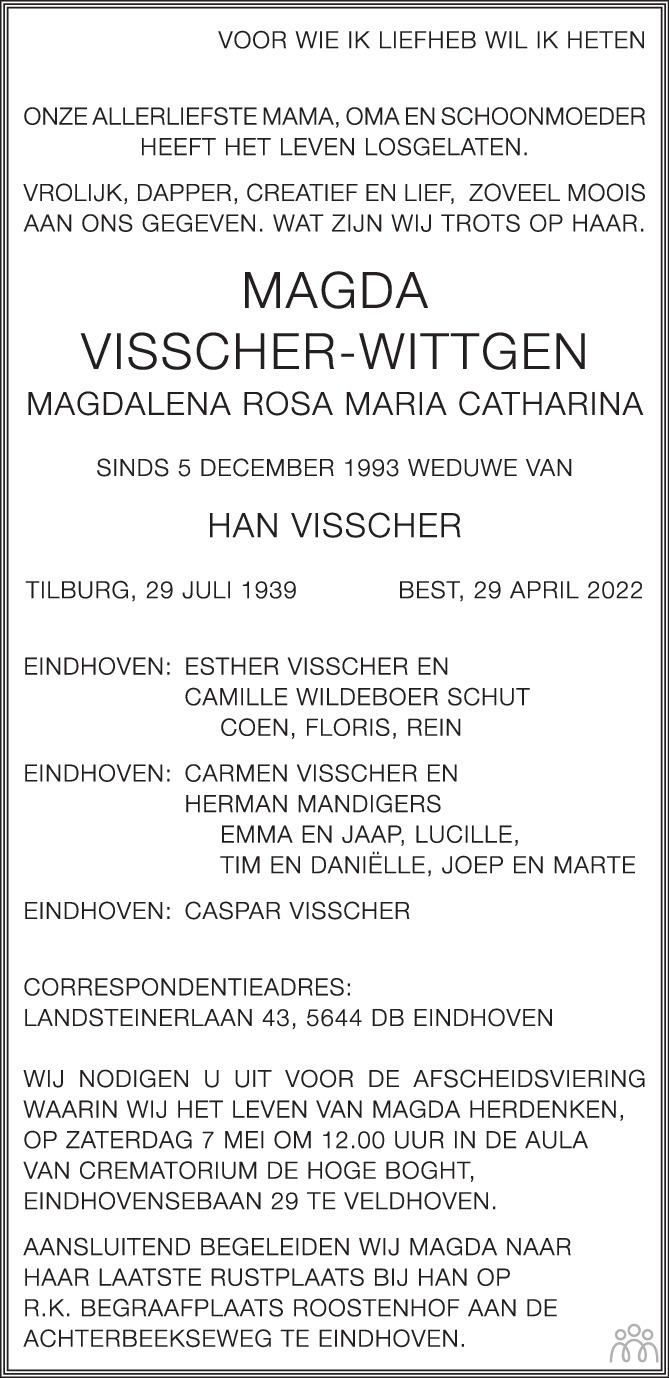 Overlijdensbericht van Magda (Magdelena Rosa Maria Catharina) Visscher-Wittgen in Eindhovens Dagblad