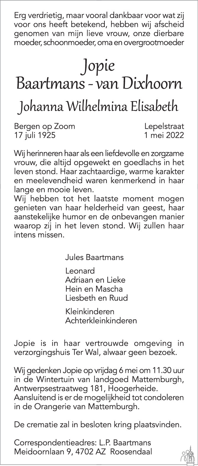Overlijdensbericht van Jopie (Johanna Wilhelmina Elisabeth) Baartmans-van Dixhoorn in BN DeStem