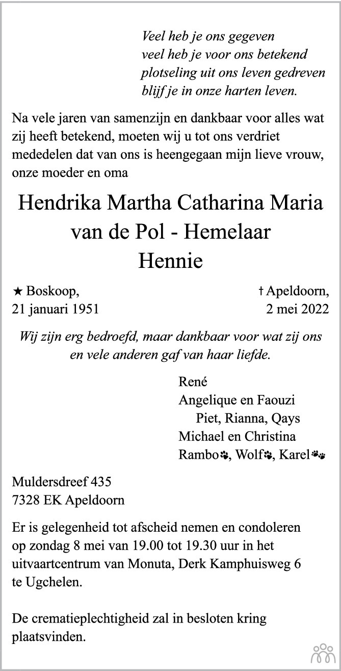 Overlijdensbericht van Hennie (Hendrika Martha Catharina Maria) van de Pol-Heemelaar in de Stentor