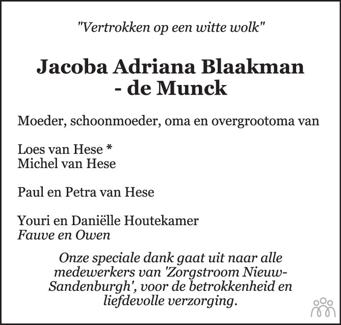 Overlijdensbericht van Jacoba Adriana (Koos) Blaakman-de Munck in PZC Provinciale Zeeuwse Courant