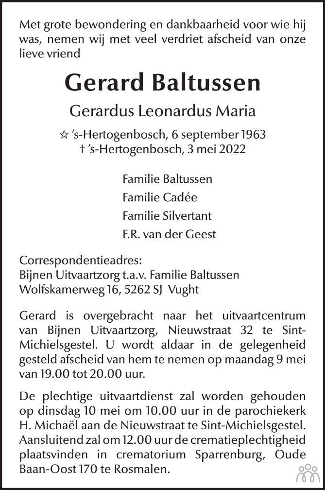 Overlijdensbericht van Gerard (Gerardus Leonardus Maria) Baltussen in Brabants Dagblad
