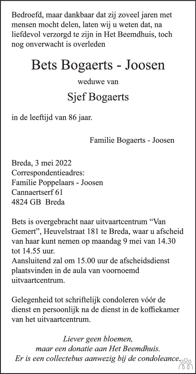 Overlijdensbericht van Bets Bogaerts-Joosen in BN DeStem